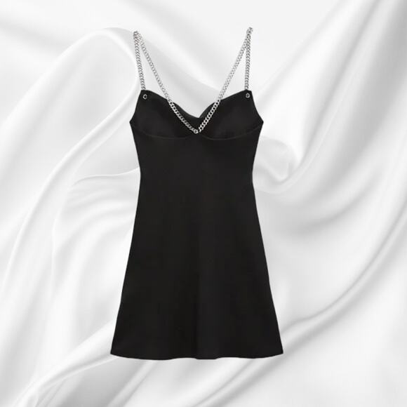 NWT - Zara Woman Draped Jewel Chain Satin Look Black Dress Size: Small - Picture 3 of 5